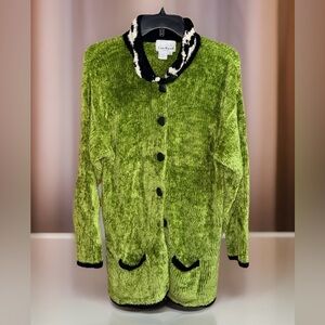 Vtg Casa Malia Vibrany Olive Teddy Jacket with Black Accents - S - GUC